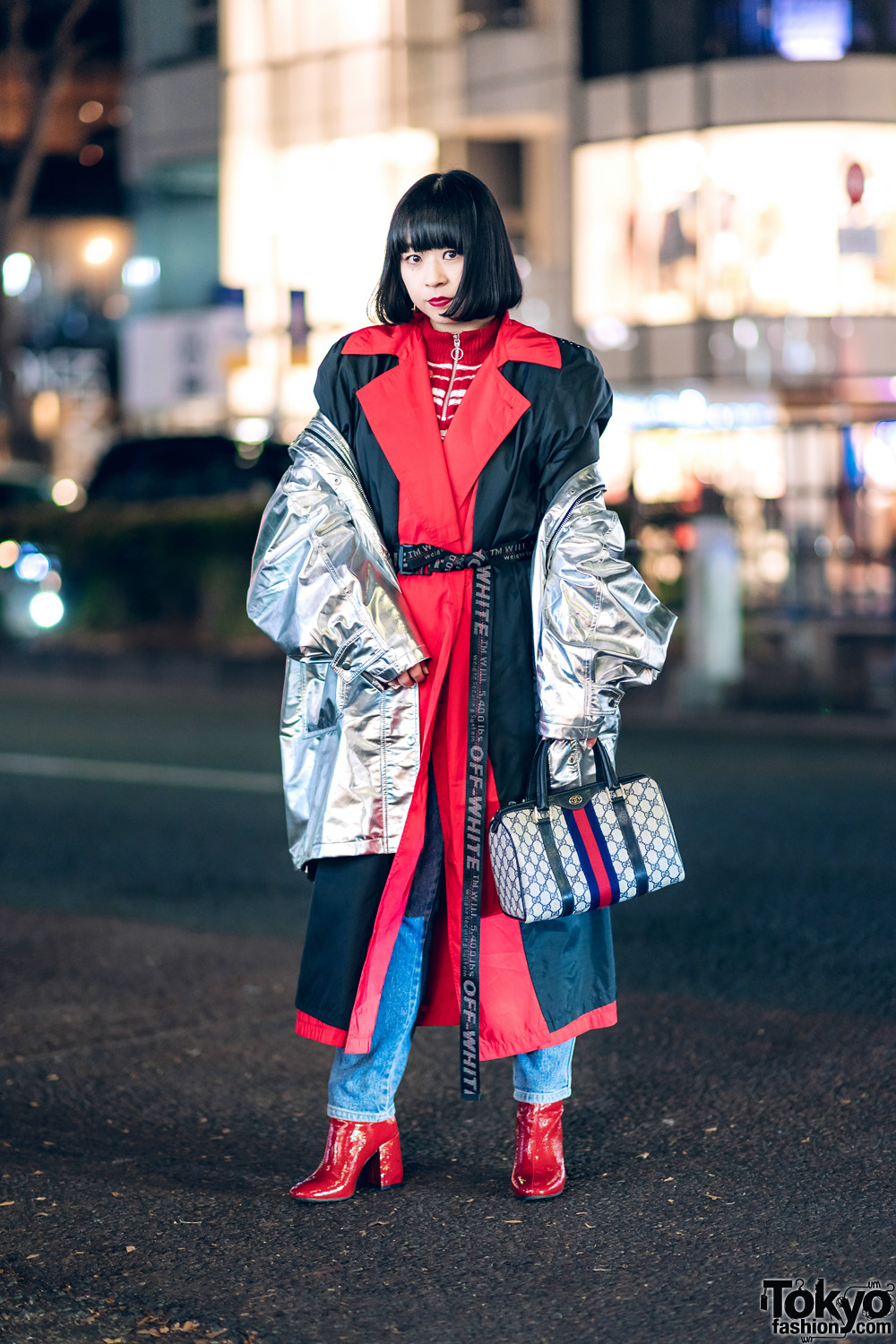 Chic Layered Street Look in Harajuku w/ Metallic Jacket, Maxi Coat, Forever21 Boots, Off-White & Gucci Handbag