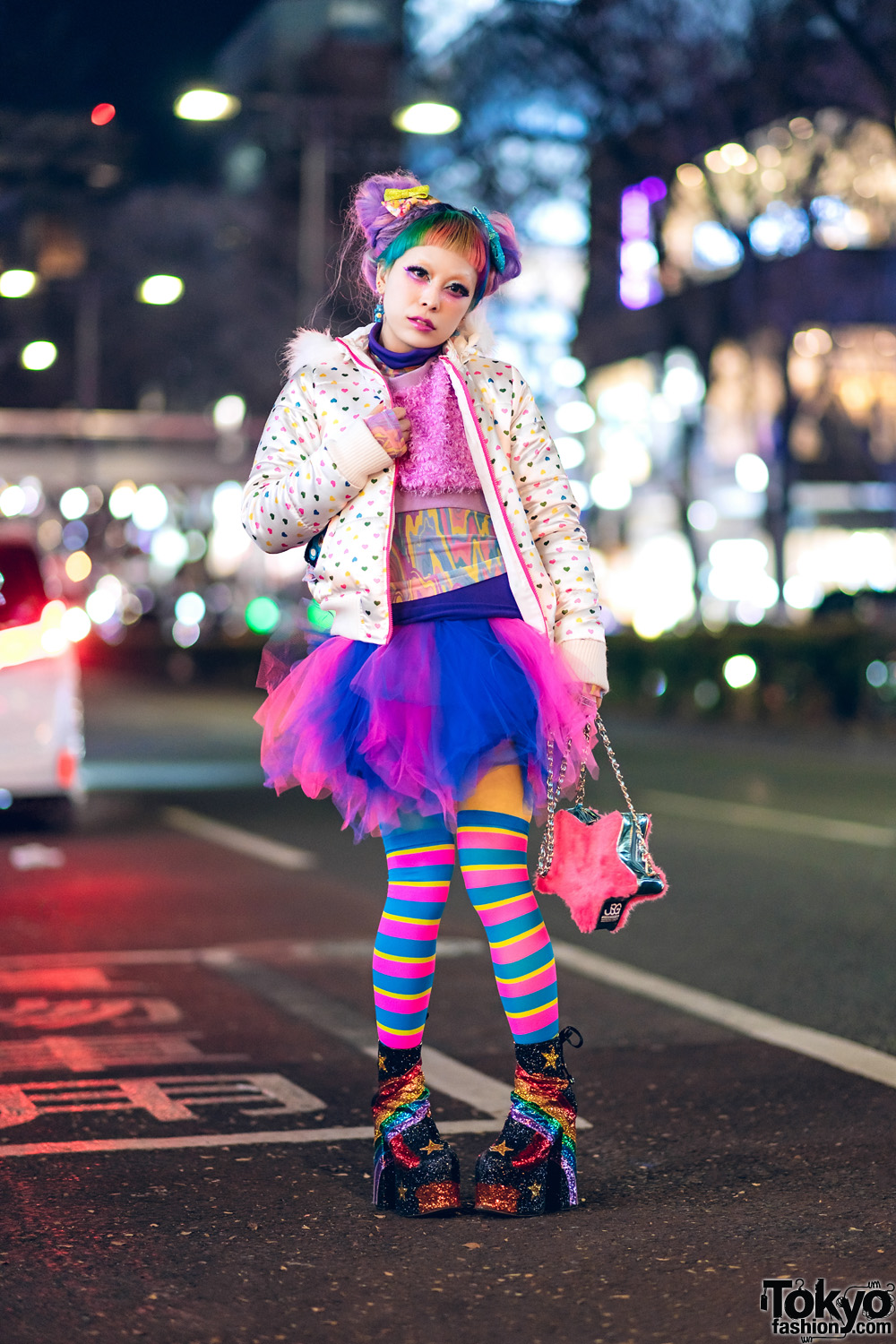 6%DokiDoki Staffer's Layered Kawaii Fashion w/ Unicorn Hair, Heart Print Jacket, Tulle Skirt, Dolls Kill Platform Glitter Boots, Care Bears Earrings & Kiki2 Star Bag