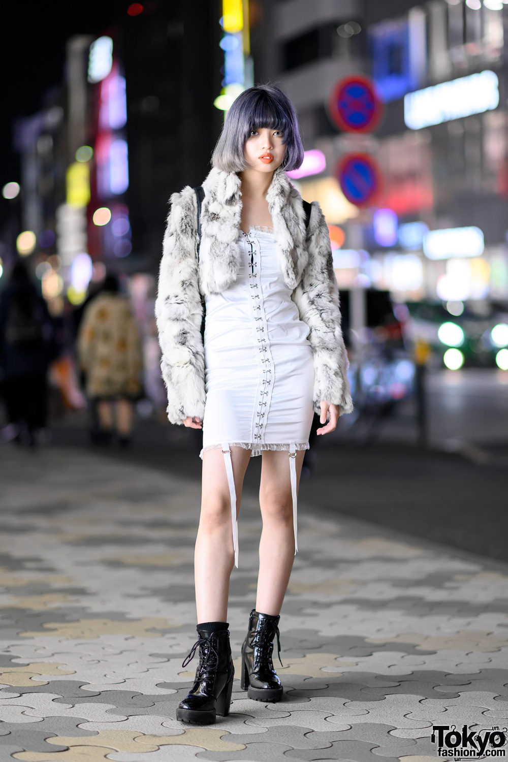 Teen Japanese Fashion Designer w/ Lavender Bob, Vintage Faux Fur, Hook Front Minidress & Billion Tokyo
