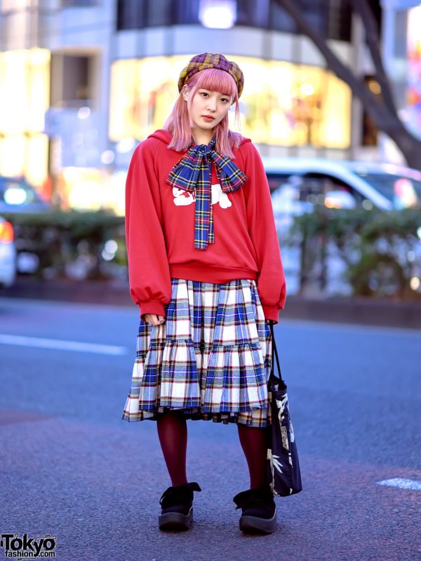 HEIHEI Harajuku Style w/ Skeleton Rabbit Sweatshirt, Plaid Bow, Plaid Beret, Plaid Skirt & Tokyo Bopper