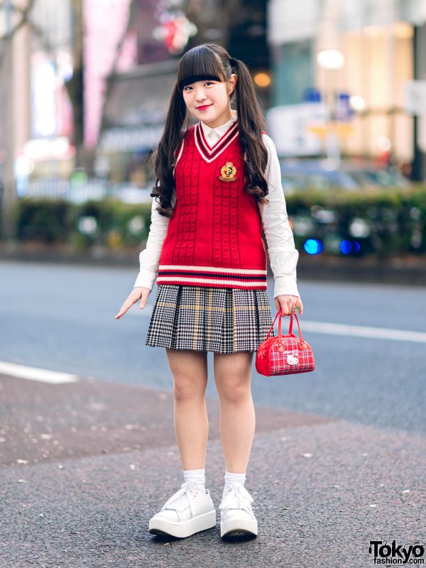 Harajuku Girl in Kawaii Pink House Street Style w/ Plaid Skirt, Knit Vest, Hello Kitty Bag & Tokyo Bopper
