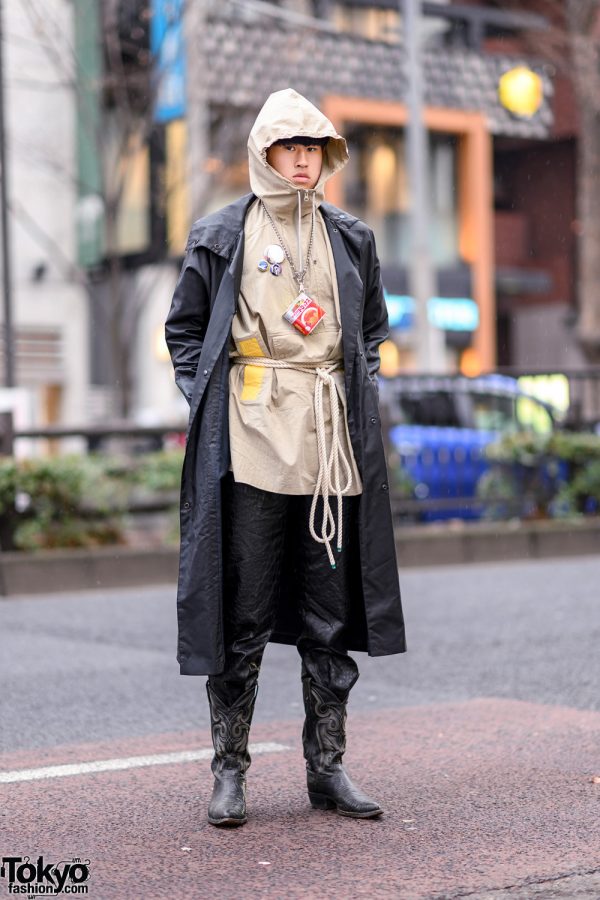 Harajuku Outerwear Style w/ Long Coat Over Hooded Jacket, Rope Belt, Textured Pants & Tony Lama Cowboy Boots
