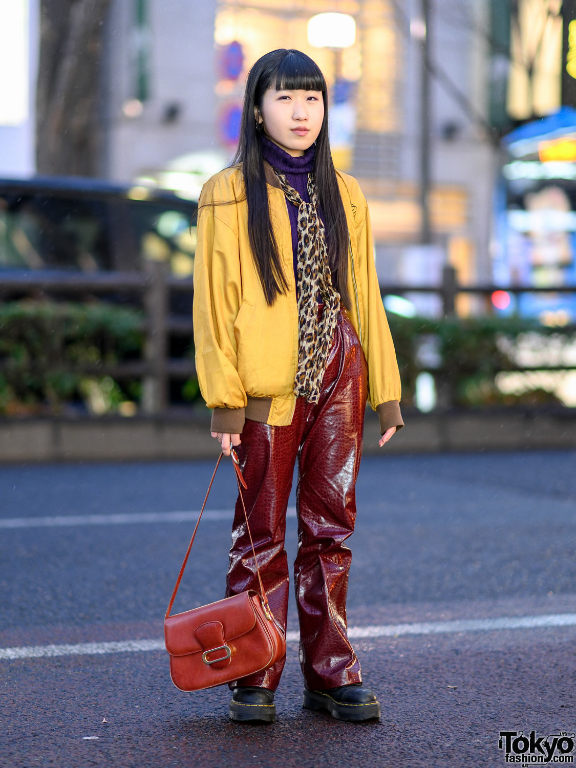 Kansai Yamamoto Sports Bomber Jacket, Leopard Print Scarf, Vintage Snakeskin Pants, Dr. Martens Boots & Vintage Handbag in Harajuku