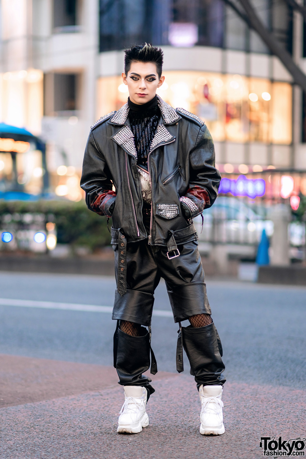 Leather Harajuku Street Style w/ Spiked Motorcycle Jacket, Gallerie Tokyo Sequin Top, MYOB Cutout Pants & Snakeskin Bag