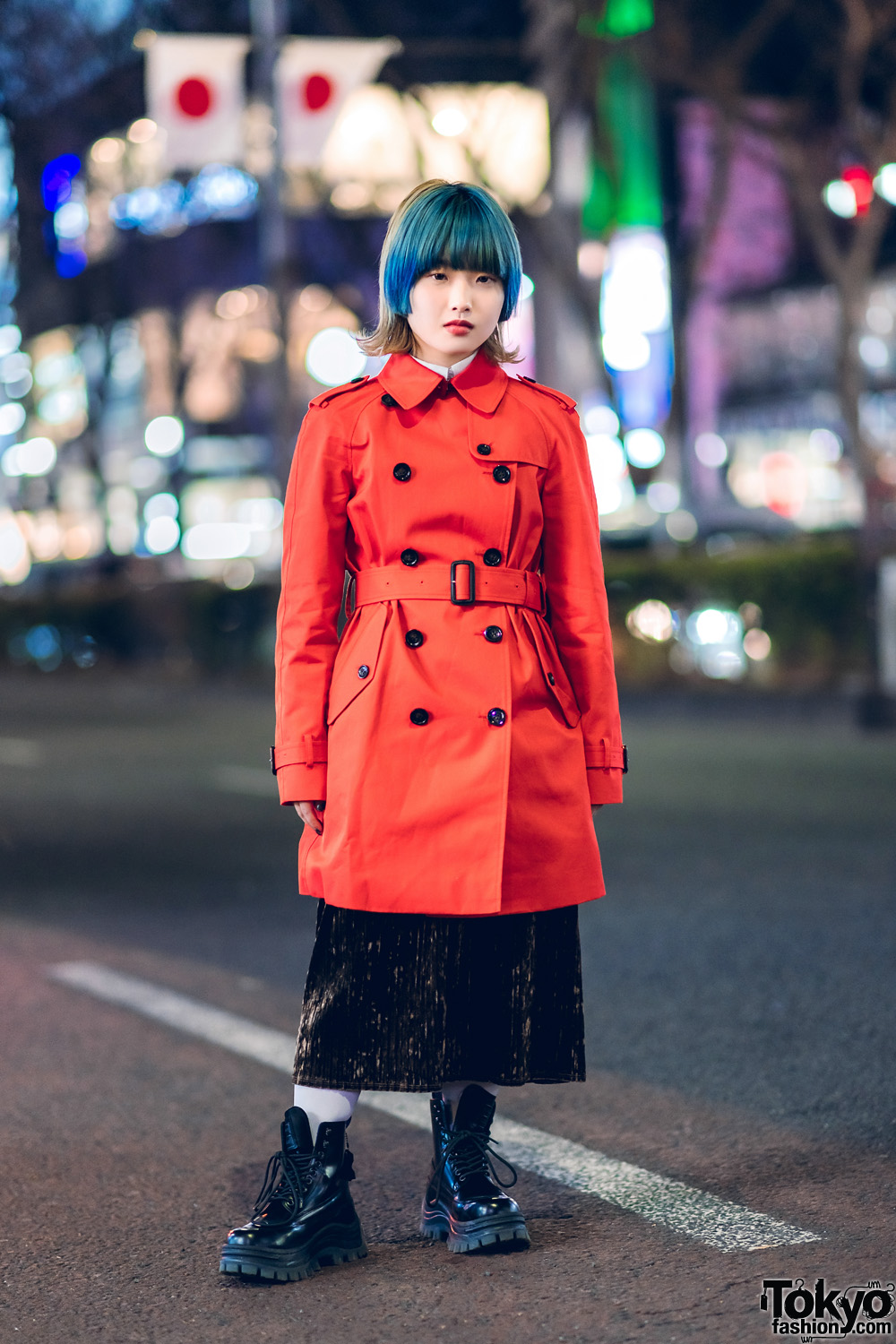 Orange Trench Coat & Blue Hair Harajuku Street Style w/ Coach, Eytys x H&M & Vintage Fashion