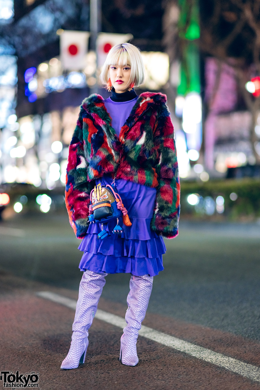 Furry Jacket & Crocodile Boots Tokyo Street Style w/ Prega, Maison Promax, Yello, Spiral, Blonde Hair & Vintage Dress