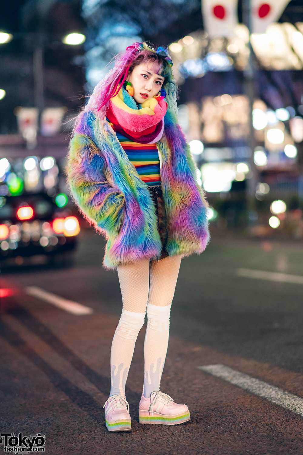 Tokyo Colorful Fashion w/ Rainbow Hair Falls, 80s90s00s Tassel Earrings, Furry Rainbow Jacket, Tie Dye Shorts & Pastel Sneakers