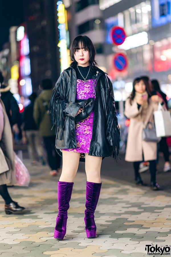 Harajuku Street Style w/ Fringe Leather Jacket, Dragon Print Dress & Gallerie Tokyo Purple Velvet Boots
