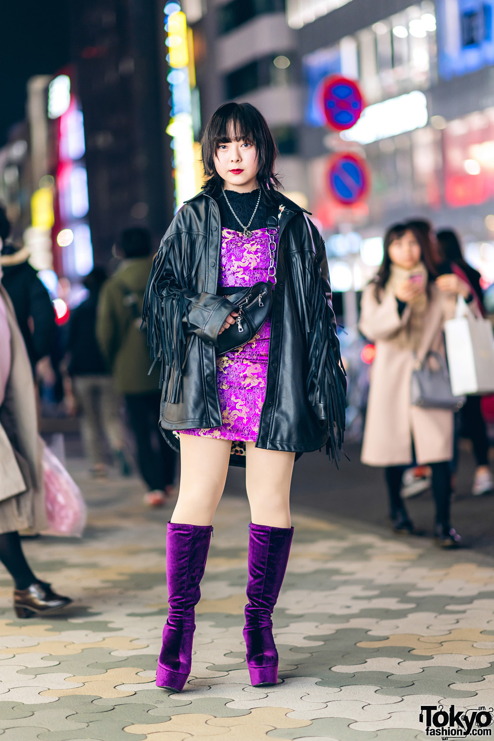 Harajuku Street Style w/ Fringe Leather Jacket, Dragon Print Dress & Gallerie Tokyo Purple Velvet Boots