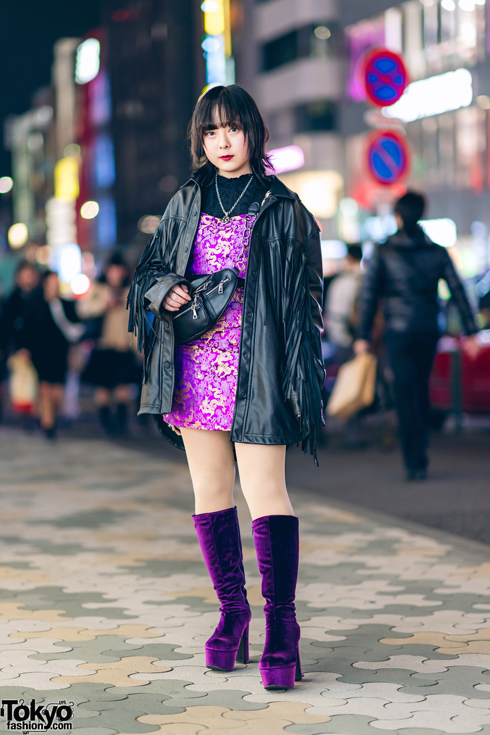 Harajuku Street Style w/ Fringe Leather Jacket, Dragon Print Dress ...