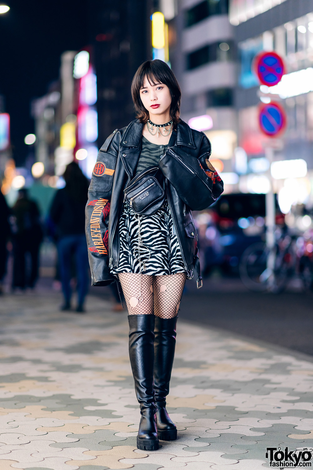 Harajuku Street Style w/ Harley Davidson Leather Jacket, Bubbles Zebra Print Skirt, Torn Fishnets, Boots & Oh Pearl Bag