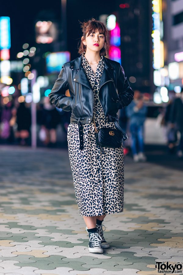 Chic Harajuku Streetwear Style w/ Jouetie Motorcycle Jacket, Moussy Leopard Print Dress, Amijed Accessories, Converse Sneakers & Gucci Bag