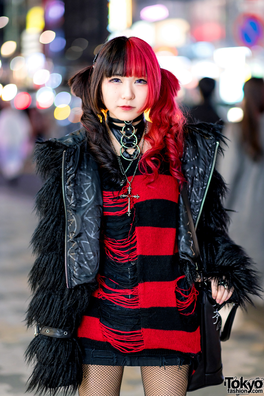 Black & Red Streetwear Look in Harajuku w/ Long Curly Hair, 3/4