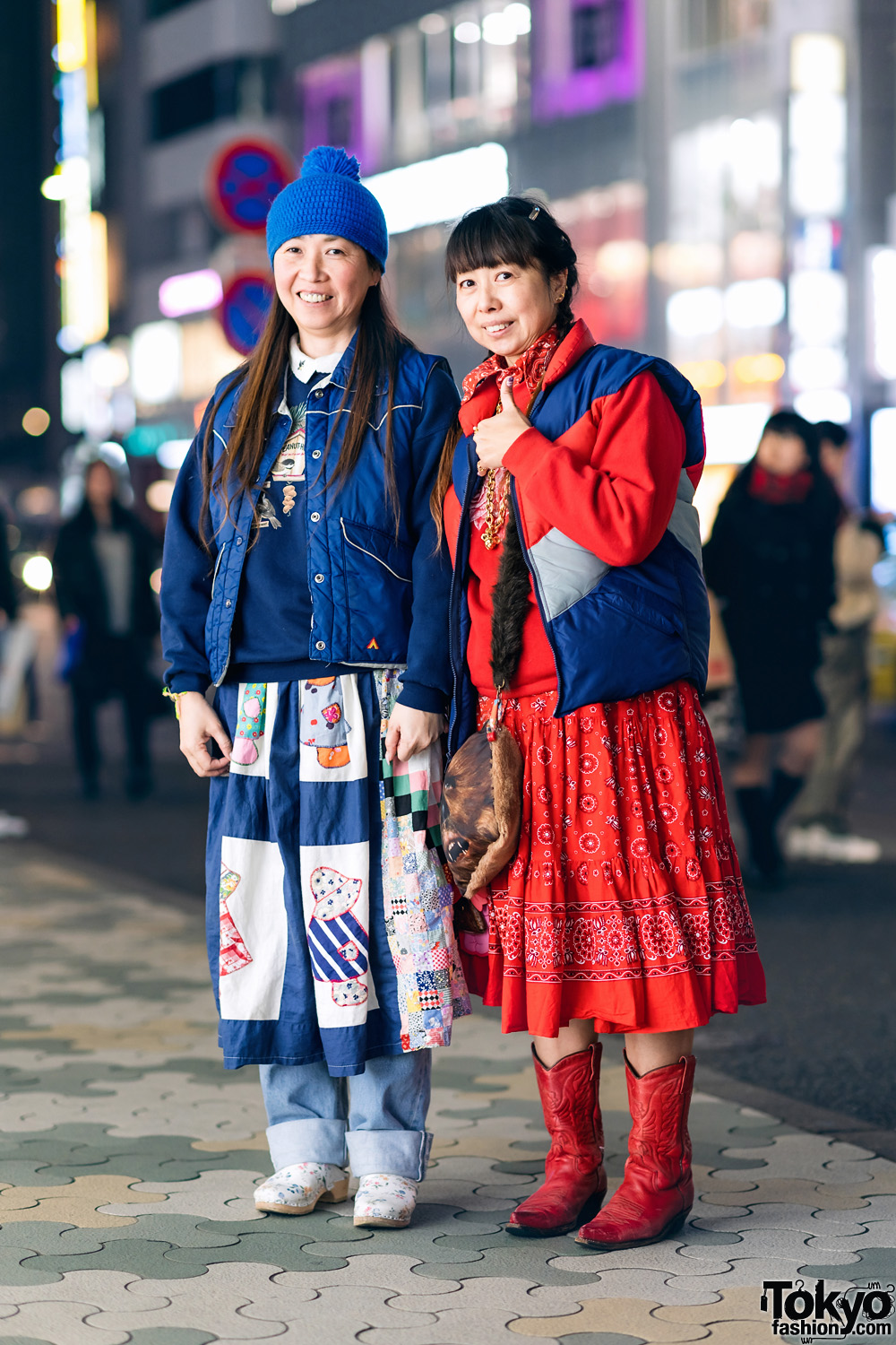 Harajuku Eclectic Street Styles w/ Pompom Beanie, Puffer Vest, Patchwork Skirt Over Jeans, Bandana Dress, Cowboy Boots, Floral Mules, Mickey Mouse Necklace & Star Wars Chewbacca Sling Bag
