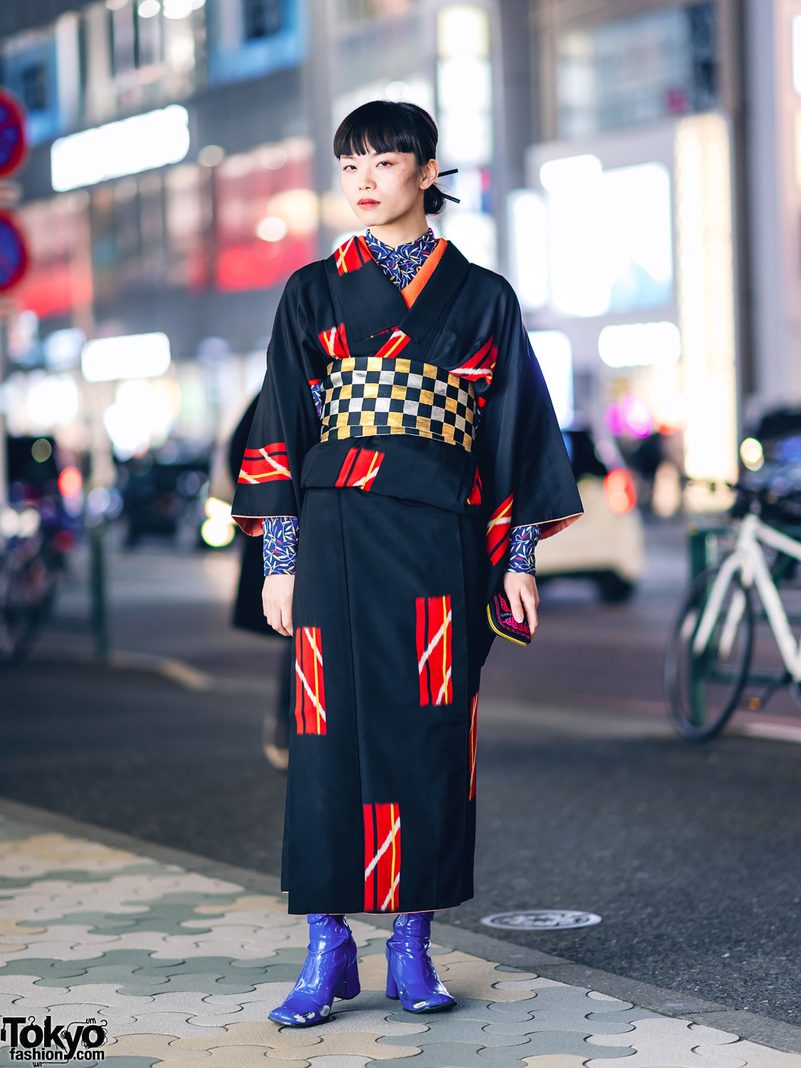 Vintage Geometric Print Japanese Kimono, Leaf Print Shirt, Checkered Obi & Vinyl Boots in Harajuku