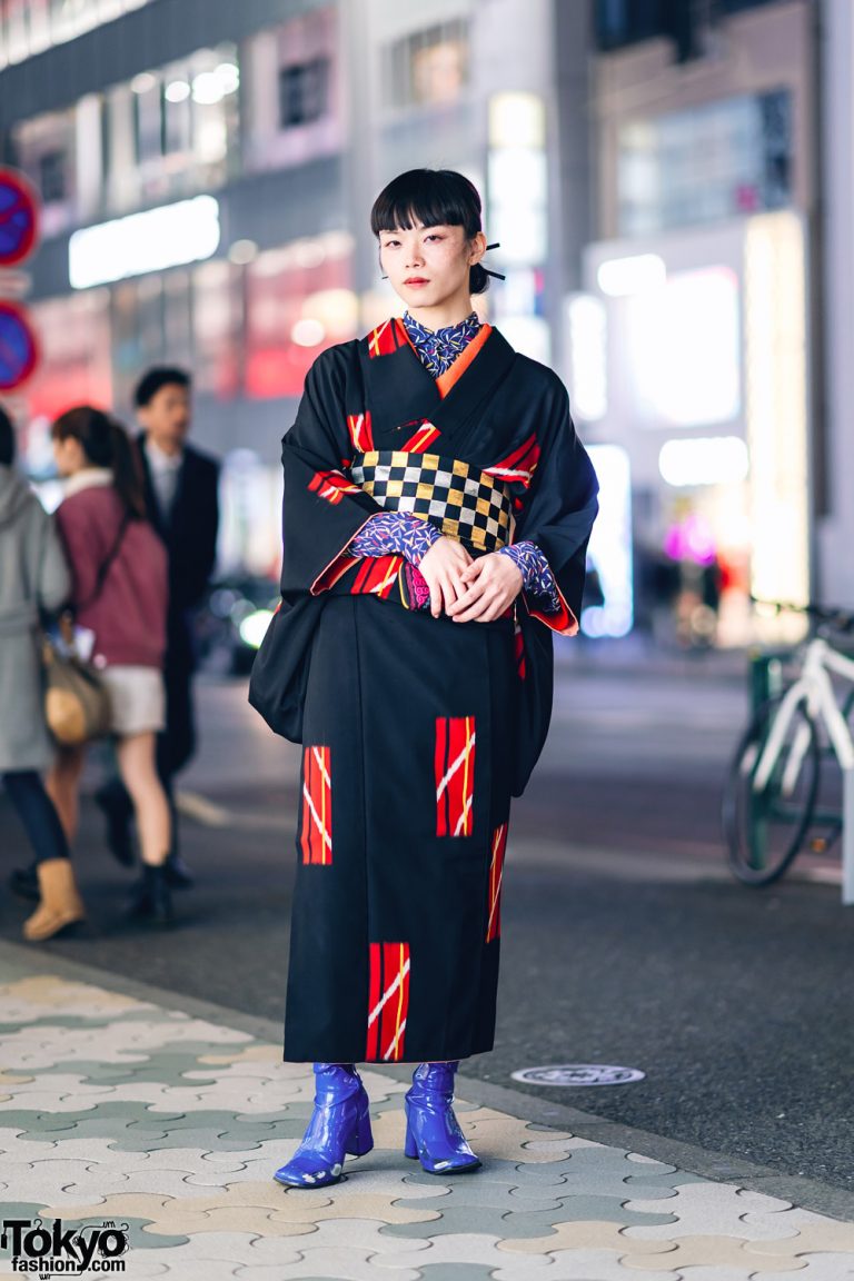 Vintage Geometric Print Japanese Kimono, Leaf Print Shirt, Checkered ...