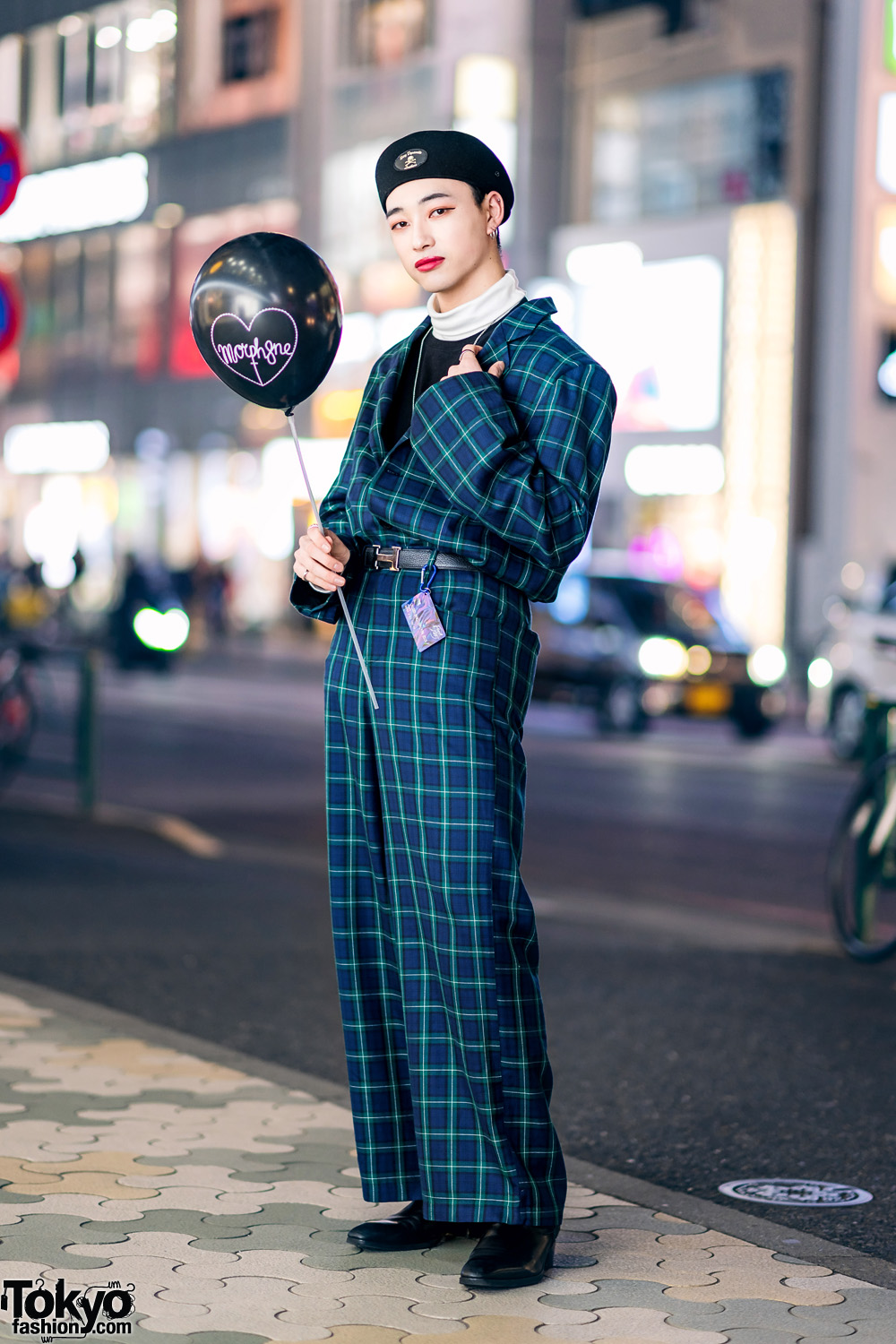 Japanese Model in Harajuku w/ More Than Dope Plaid Suit, Never Mind the XU, Gucci Pendant Necklace, Hermes & Morph8ne Balloon