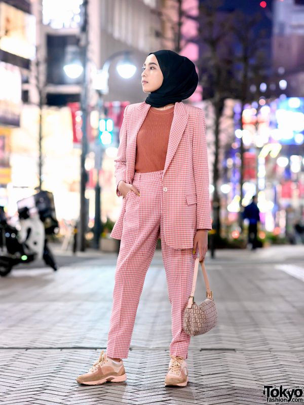 Hijabi Tokyo Street Style w/ Pink Zara Suit, Fendi Bag & Pink Chanel Sneakers