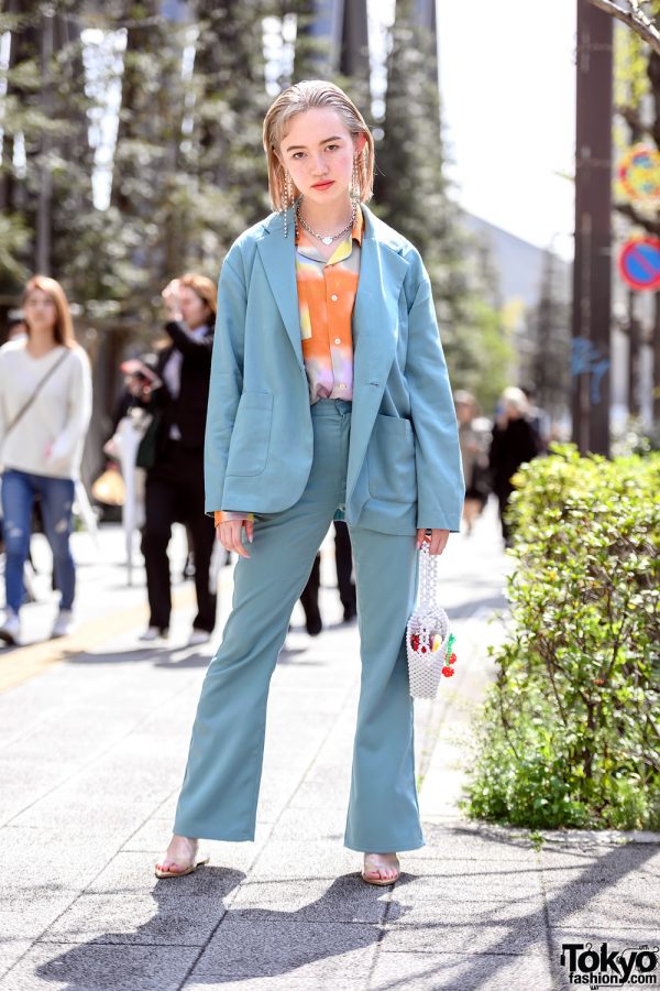 X-Girl Japan Suit Street Style at Vantan Fashion School Entrance Ceremony in Tokyo