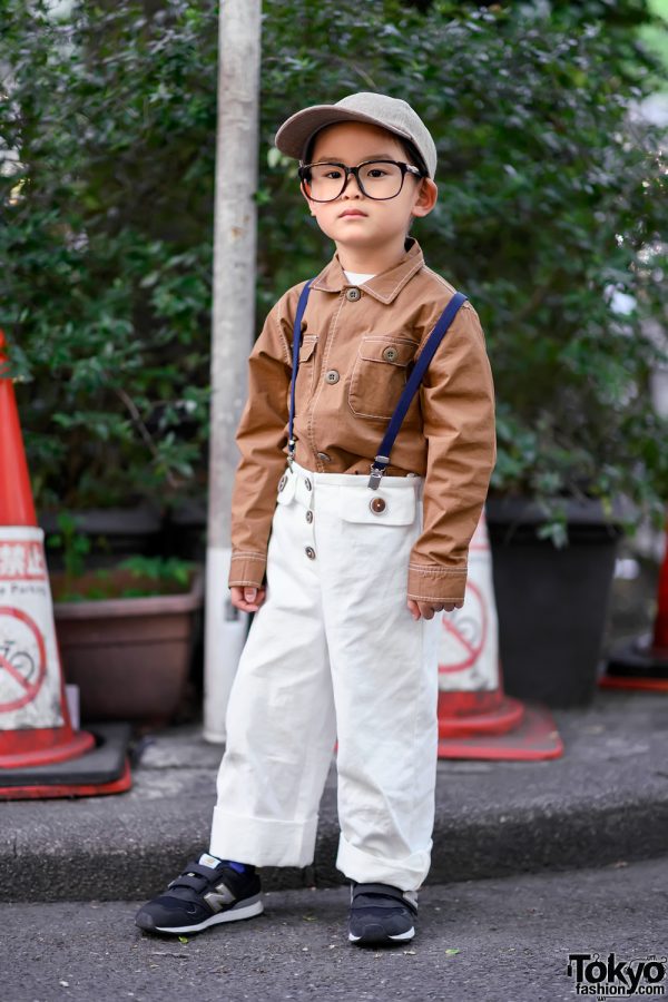 Stylish Harajuku Kid in Global Work, Hikakin Glasses, Suspenders, and New Balance Sneakers