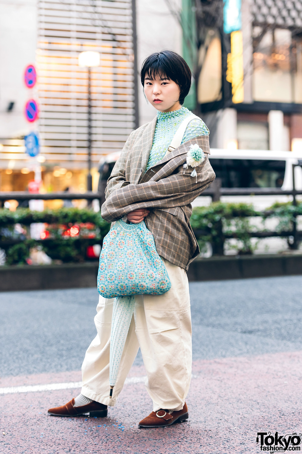 Vintage Mint Street Fashion in Harajuku w/ Houndstooth Blazer, Popcorn Pleat Top, W Closet Jumper, Oriental Traffic Suede Loafers, Polka Dot Umbrella & Chinatown Bag