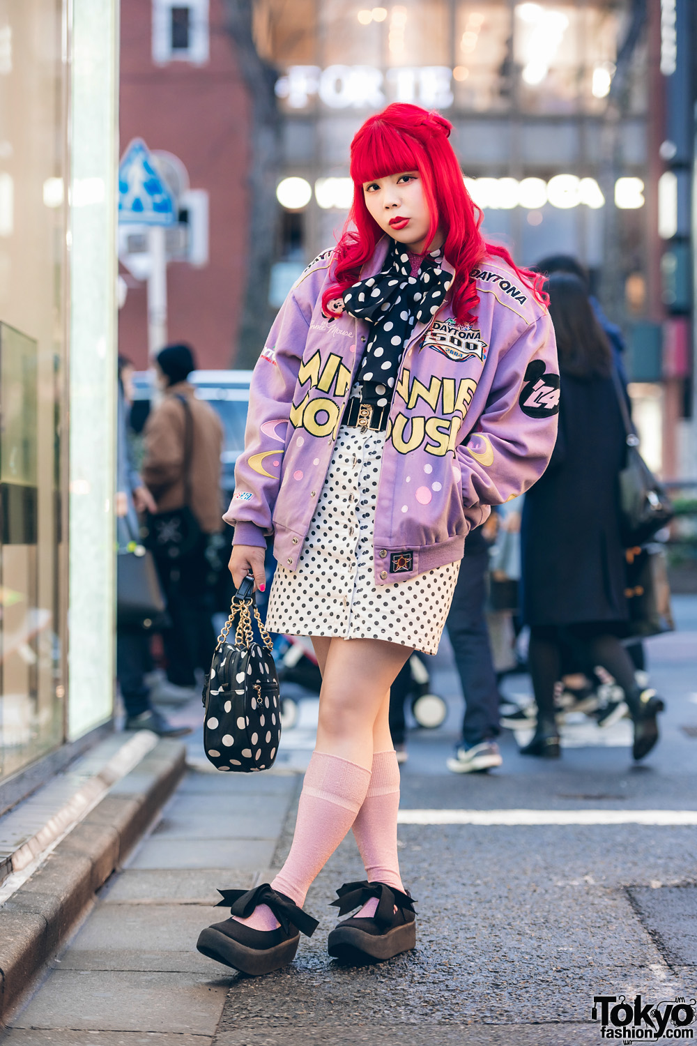Polka Dot Tokyo Street Fashion w/ Red Braided Hair, Daytona 500 Minnie Mouse Jacket, Kinji Shimokitazawa, Kiki2 Skirt, Tokyo Bopper Bow Shoes & Round Bag