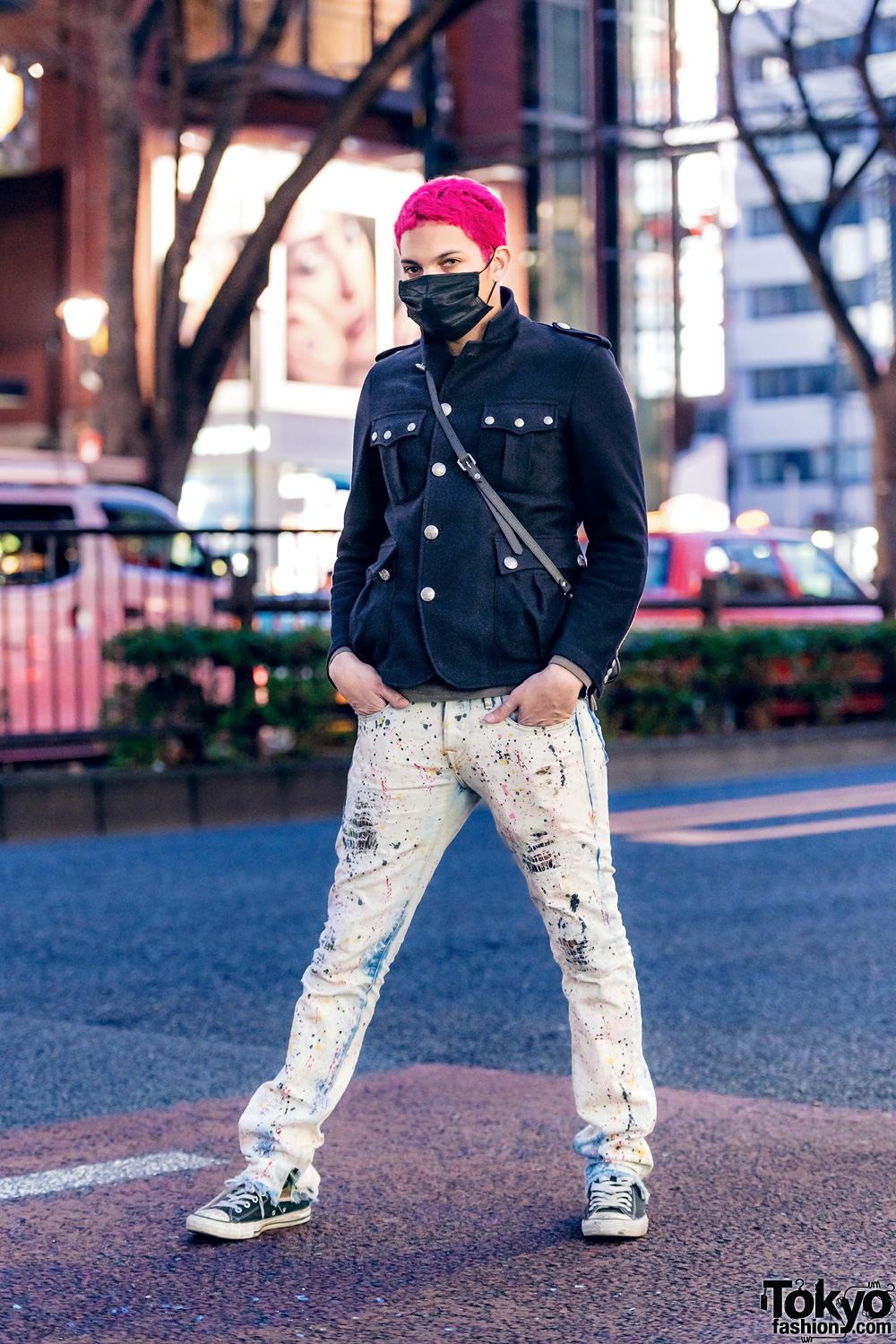 Gab3 in Harajuku w/ Pink Hair, Face Mask, Military Jacket, Vlone, Beams, Converse & Vivienne Westwood Bag