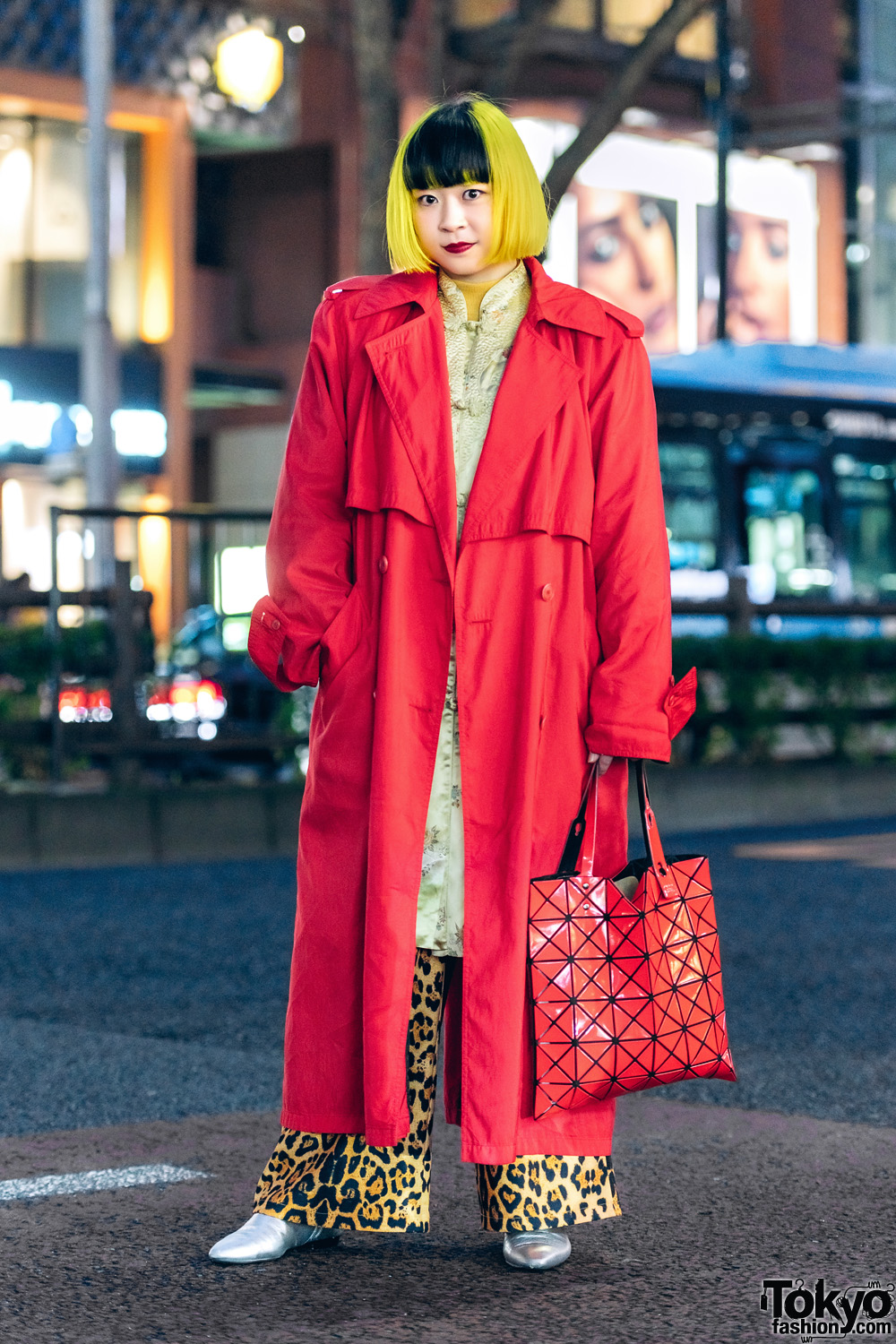 Japanese Street Fashion w/ Yellow Fringed Bob, Trench Coat, Mandarin Collar Dress, Leopard Print Pants, H&M Pointy Boots & Issey Miyake Bao Bao Bag