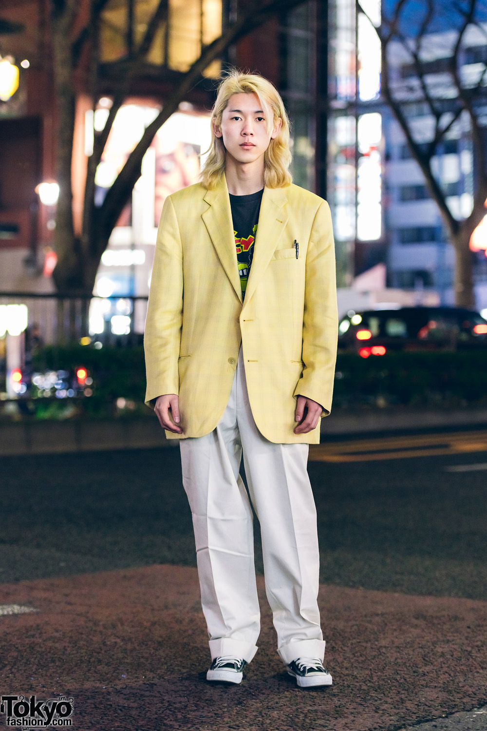 Japanese Hair Stylist in Harajuku Menswear Street Style w/ Blond Hair, Converse Sneakers & Zohreh Yellow Blazer