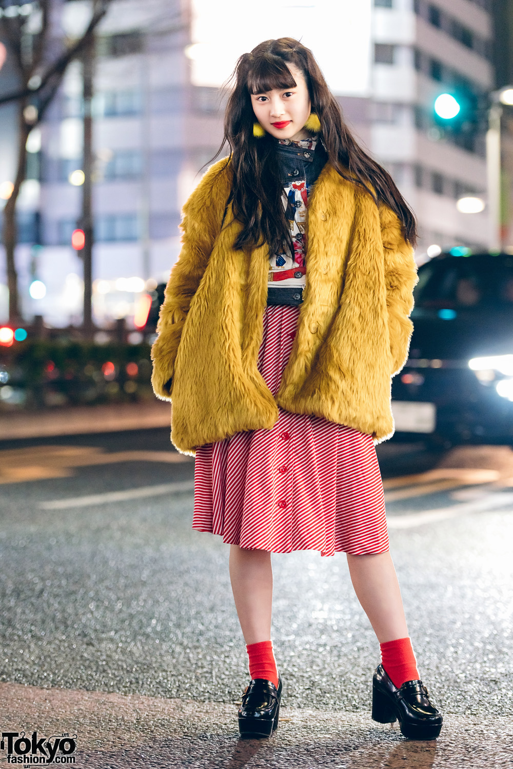 Model & Pop Idol w/ WEGO Fuzzy Coat, Vintage Graphic Print Top & Sevens Striped Skirt in Harajuku