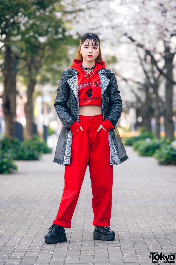 Shinjuku Streetwear Style w/ Leopard Print Coat, Parkview Elementary Cropped Hoodie, (ME) Harajuku O-Ring Choker, MCM Backpack & Yosuke Platforms