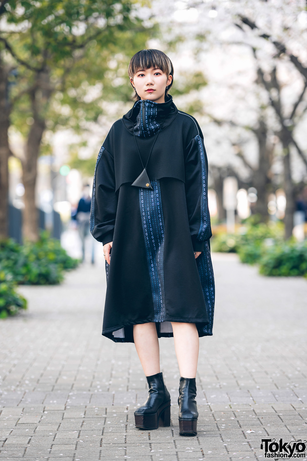 Modern Minimalist Japanese Street Style w/ Kakuremi Cowl Neck Dress, Dr. Martens Triangle Neck Wallet & Emoda Platform Boots