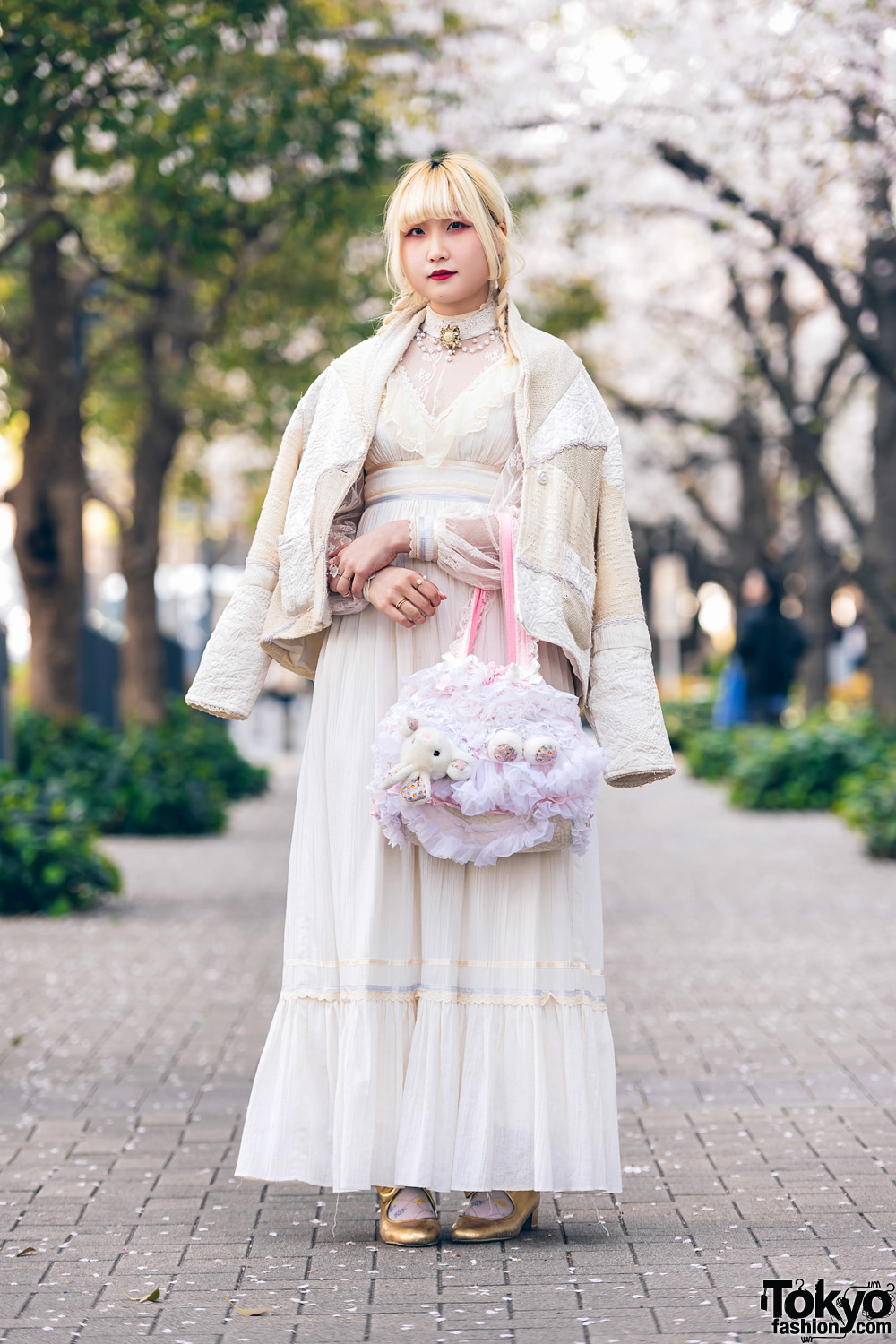 Vintage/Cult Party Kei Style with Twin Braids, Virgin Mary Patchwork Jacket, Gunne Sax Empire Cut Ruffle Dress, Nile Perch Bow Shoes & Gunifuni Rabbit Bag
