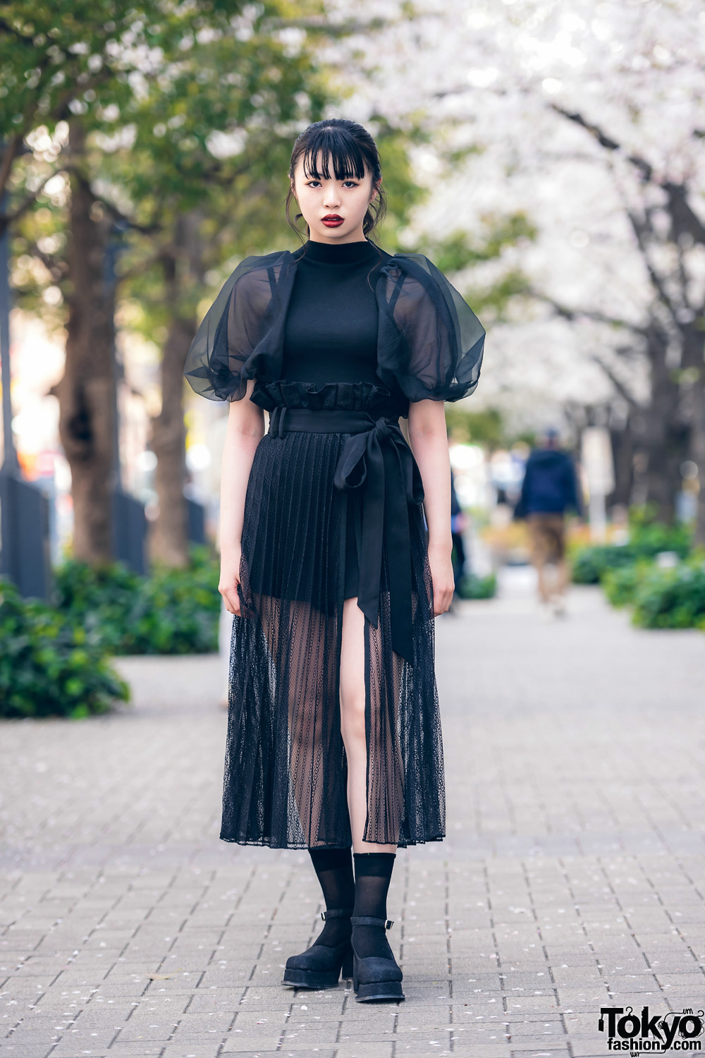 Japanese Model in Chic All Black Streetwear Style w/ Snidel Puff Sleeve Sheer Pleated Dress & Office Kiko Baby Doll Shoes