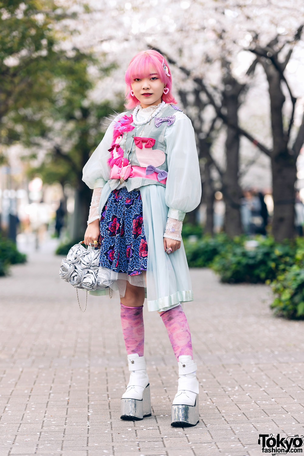 Pink & Blue Street Style in Tokyo w/ Pink Hair, Kiki2 Layered Tops, Floral Skirt, Vintage Accessories, Sequin Flower Handbag  & Metallic Platforms