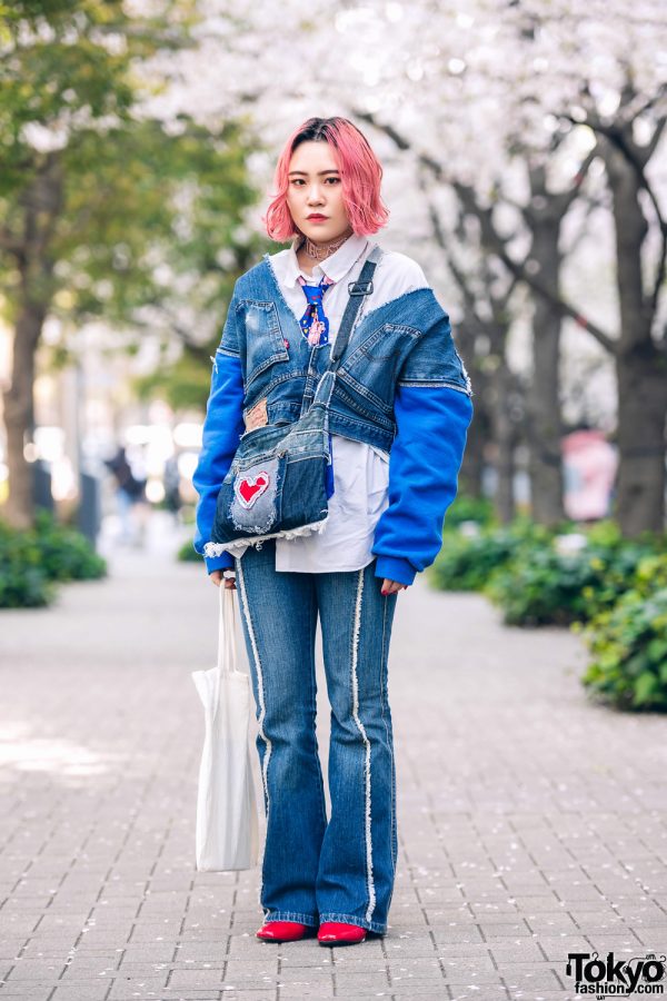 Remake Denim w/ Pink Hair, Cropped Denim Sweater, Gallerie Tokyo Rhinestone Necklace, Denim Sling Bag & Lowrys Farm Patent Boots