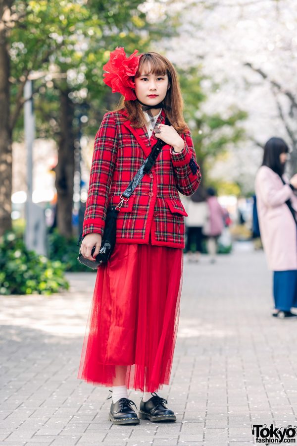 All Red Style with Three Star Fascinator Headband, Milk Plaid Blazer, Tulle Skirt, Dr. Martens Lace-Up Shoes & Jouetie Drawstring Bag