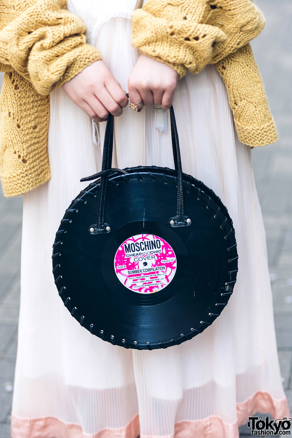 Vintage Street Fashion w/ Floral Headpiece, Knit Cardigan, Chiffon Dress,  Resale Moschino Vinyl Record Bag & Merry Jenny Heels – Tokyo Fashion