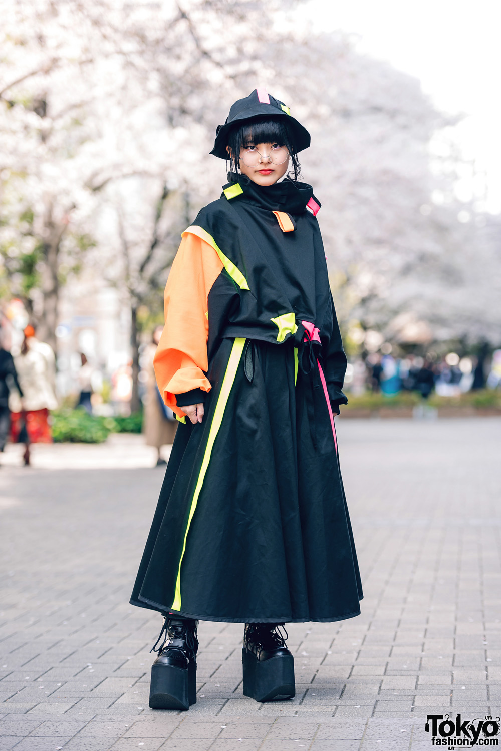 Black & Neon Eclectic Street Style at Bunka w/ Zetsumetsu Kigushu, Bucket Hat & Yosuke Platform Boots