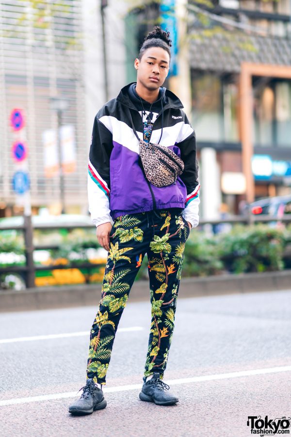 Harajuku Casual Streetwear Style w/ Man Bun, Colorblock Jacket, NYPD Hoodie, Leaf Print Pants, Adidas Sneakers & Thrasher Leopard Print Bag