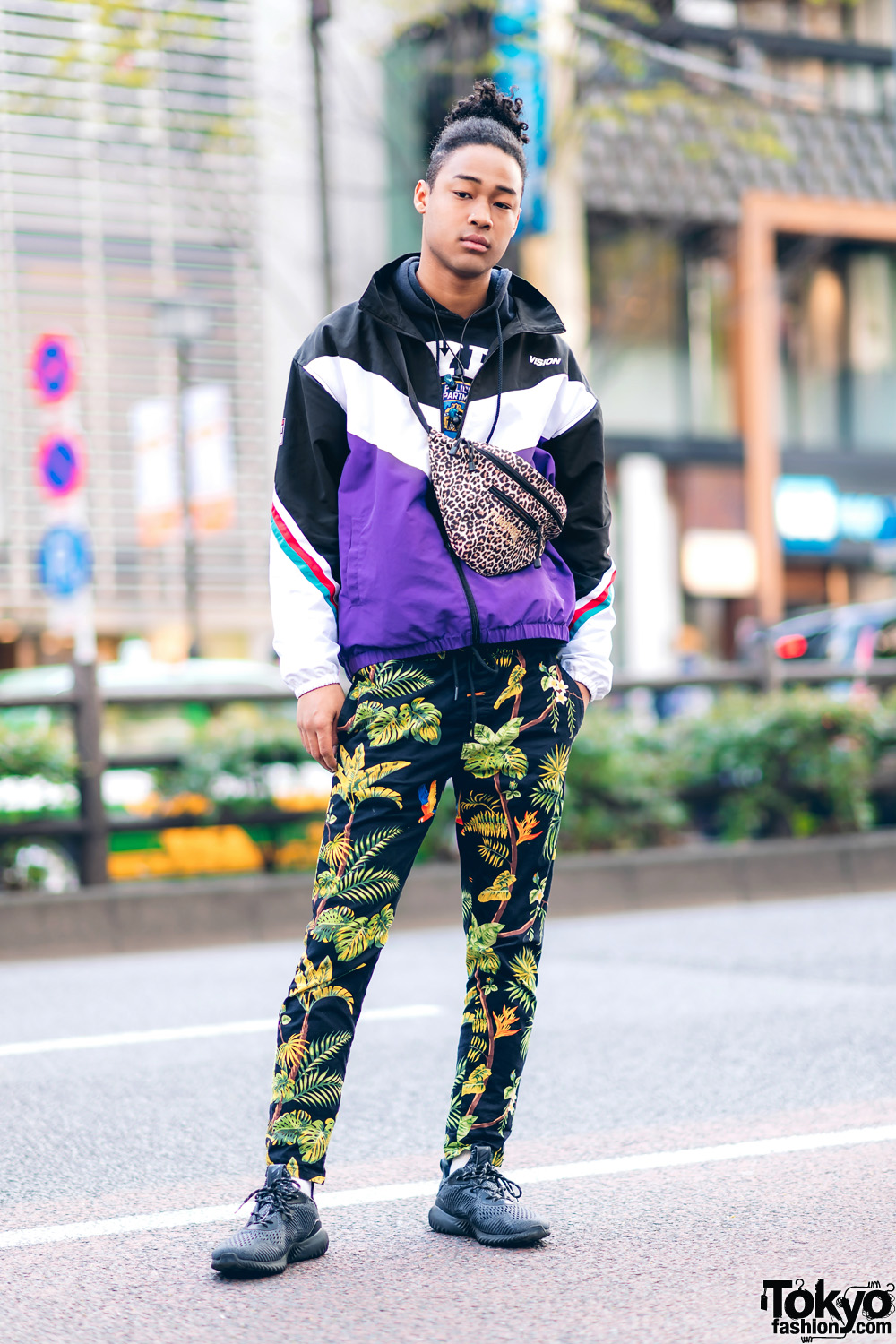Harajuku Casual Streetwear Style w/ Man Bun, Colorblock Jacket, NYPD  Hoodie, Leaf Print Pants, Adidas Sneakers & Thrasher Leopard Print Bag –  Tokyo Fashion