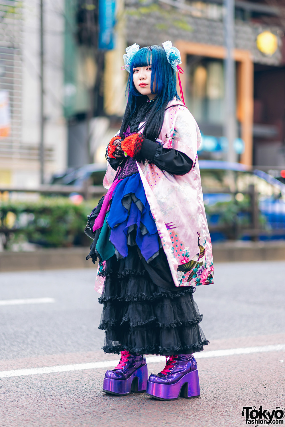 Odango Hairstyle, Vintage Kimono, Miho Matsuda Dress, Spiny Cream, Dolls Kill Platforms & Killstar Bag in Harajuku