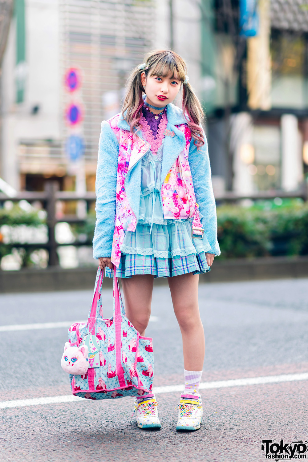 Kawaii Street Fashion in Harajuku w/ Twin Tails, 6%DokiDoki Fuzzy Jacket, Candy Stripper Plaid Skirt, Reebok Polka Dot Sneakers, Glem Handmade Accessories & Cat Print Bag