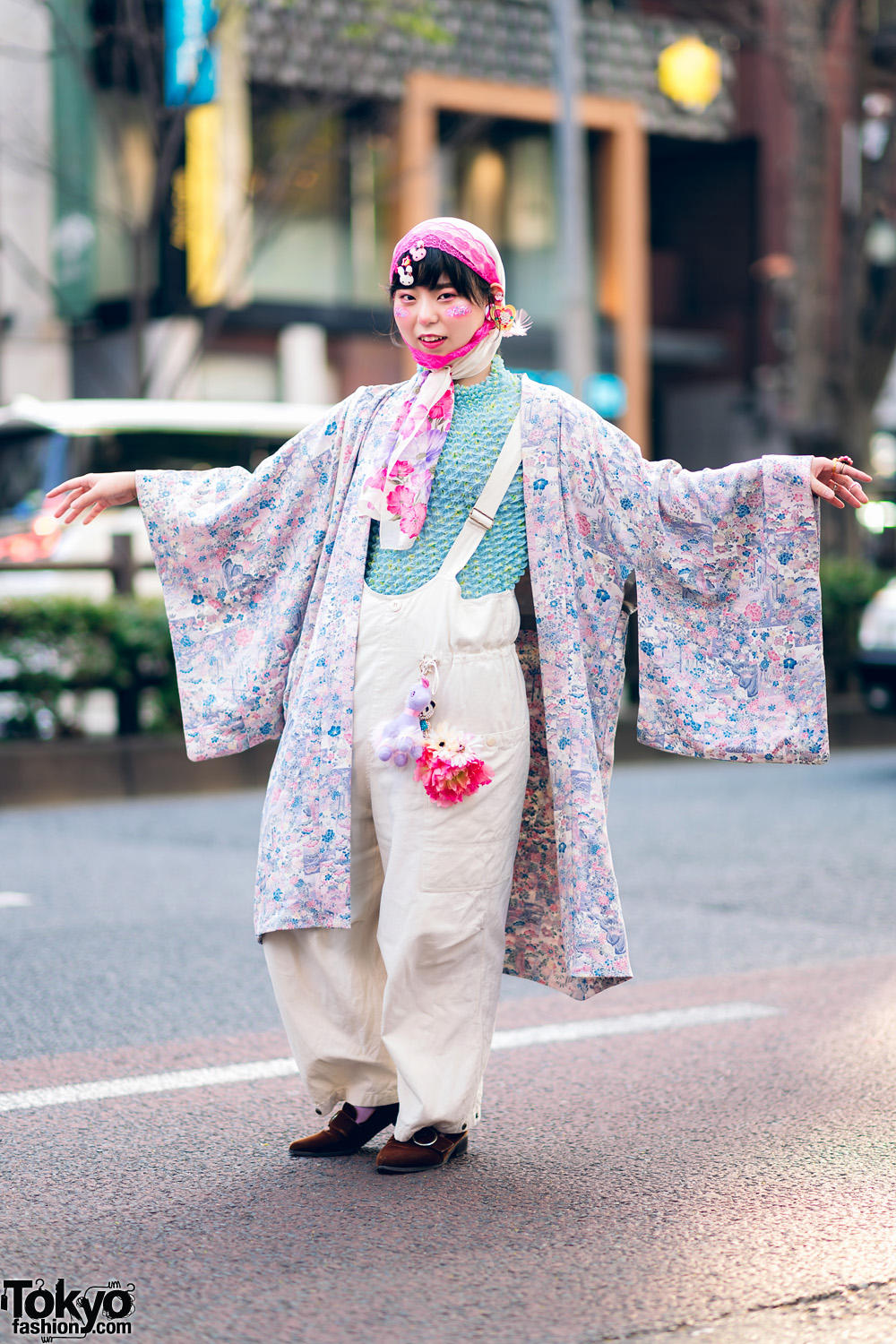 Sakura Kimono Streetwear Style in Harajuku w/ Headscarves, Glitter Makeup, Popcorn Pleat Top, W Closet Overalls, Sling Bag & Oriental Traffic Suede Loafers