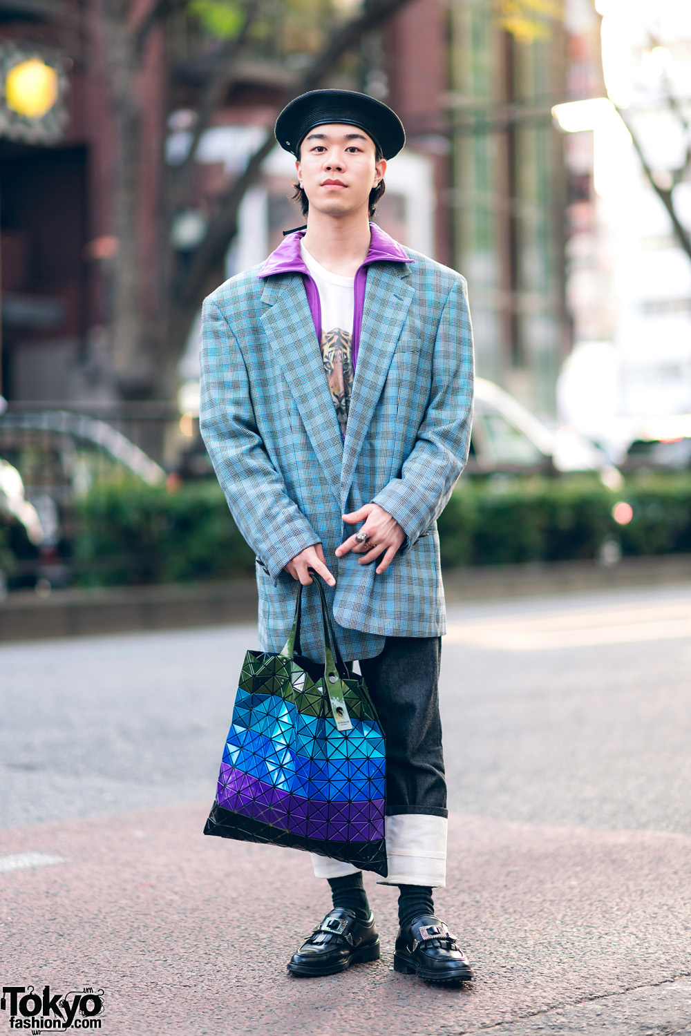 Harajuku Street Style w/ Beret, Gianni Versace Houndstooth Blazer, Adidas Jacket, Loewe, Toga Fringe Loafers & Bao Bao Issey Miyake Bag