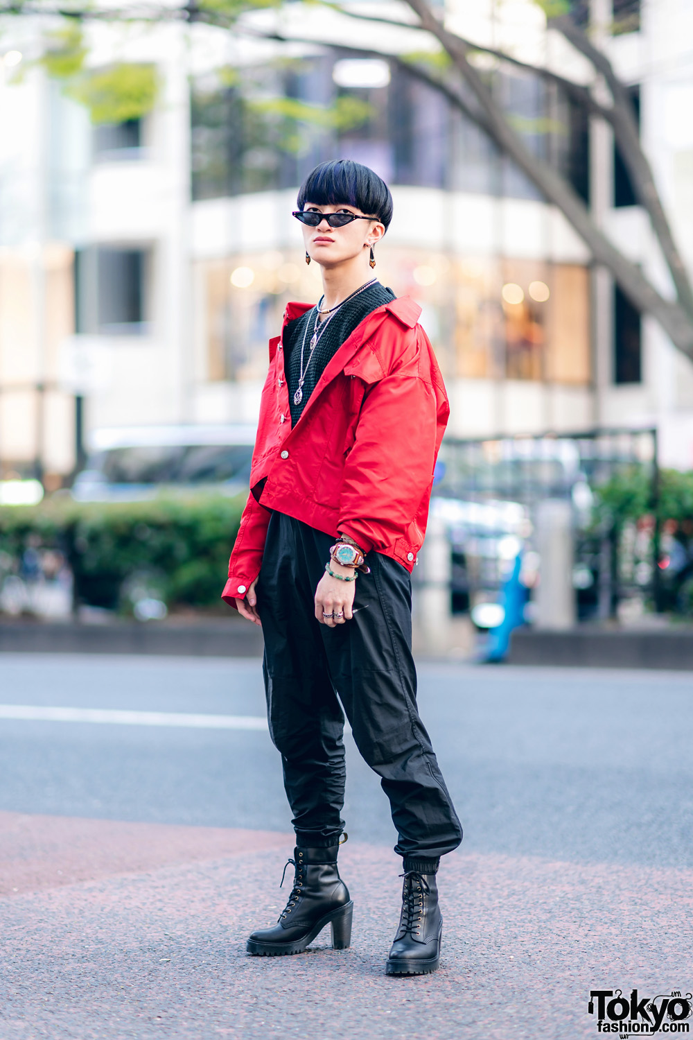 Tokyo Street Style w/ Blunt Bob, Saad Sunglasses, Flamingo Mabataki Jacket, Azul By Moussy, Nike & Dr. Martens Heeled Boots