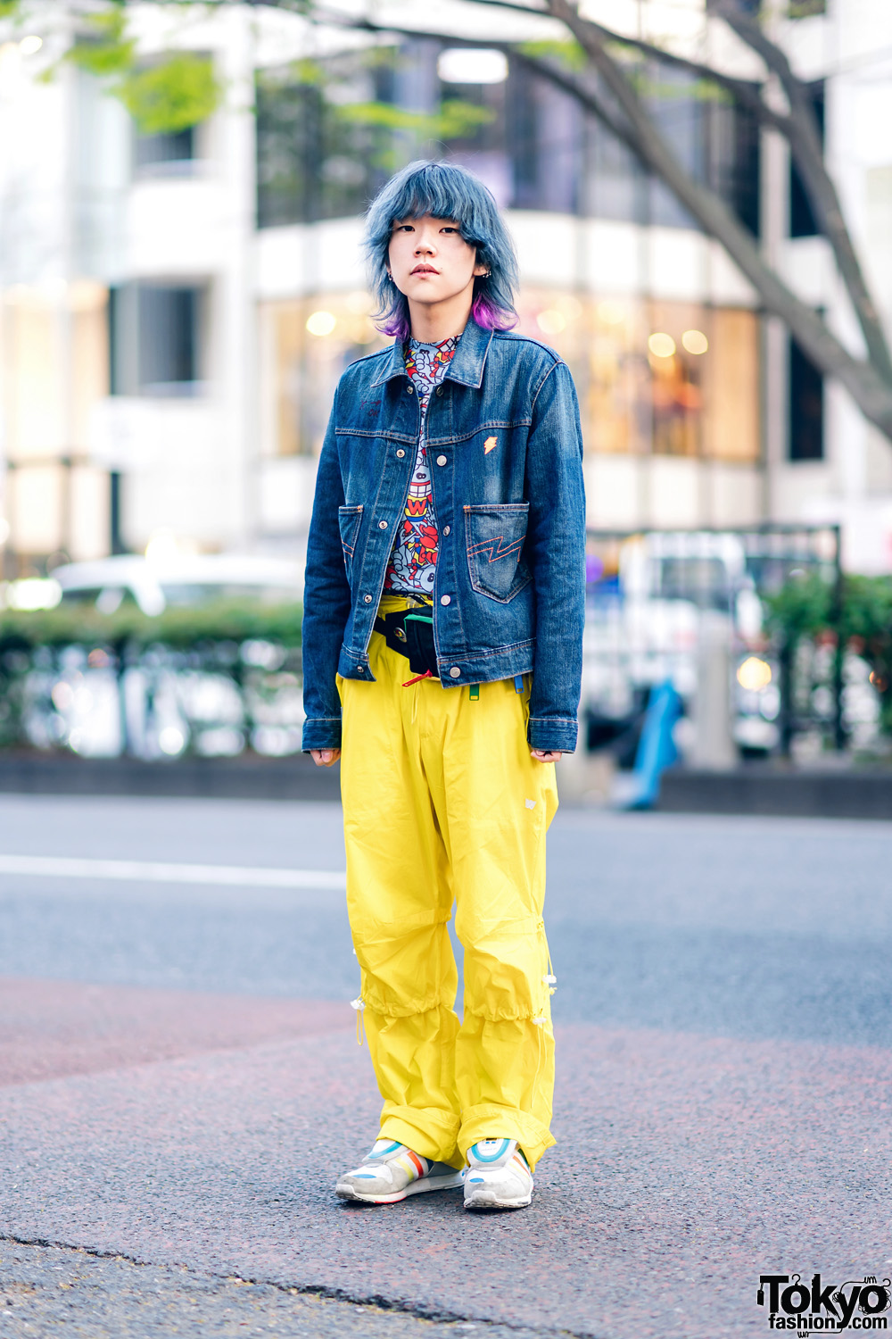 Two-Tone Shaggy Hair, W< Denim Jacket, Printed Shirt, Yellow Pants, Adidas Sneakers & Waist Bag