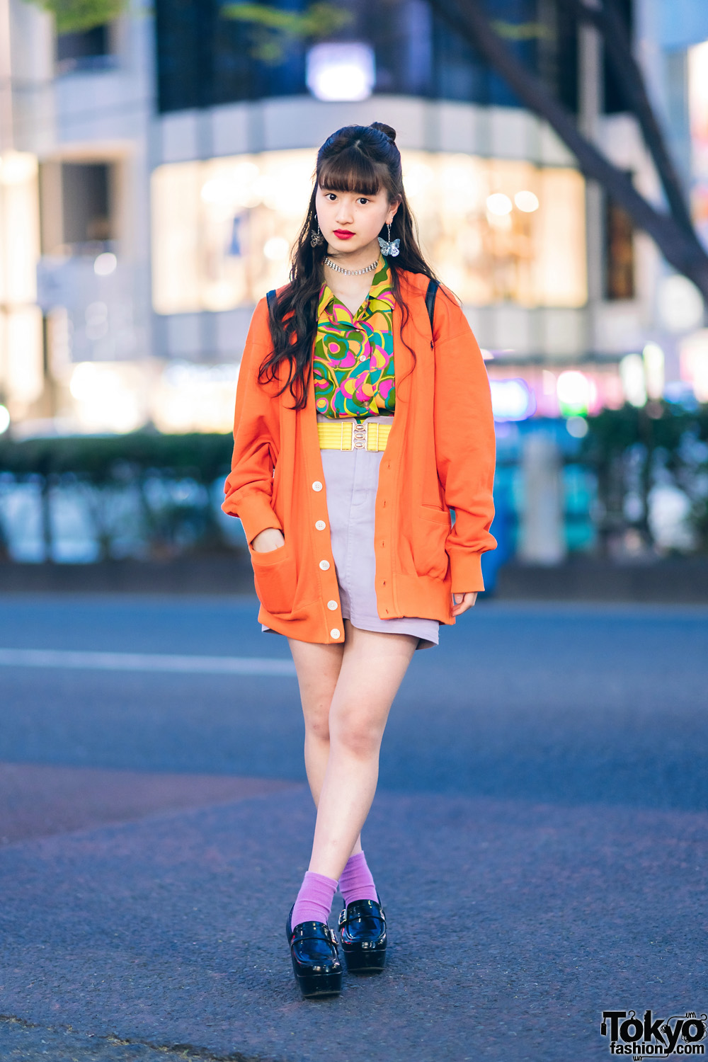 Japanese Pop Idol A-pon in Vintage-Inspired Street Fashion w/ Butterfly  Drop Earrings, Ralph Lauren Cardigan, RRR Vintage, G2? Belt, WEGO Loafers &  Quilted Backpack – Tokyo Fashion
