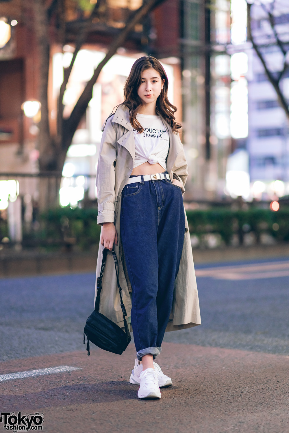 Japanese Model in Chic Casual Wear Style w/ Lace Glass Trench Coat, Zara Knotted Tee, Dior Belt, Boyfriend Jeans, Nike Sneakers & Laval Bag