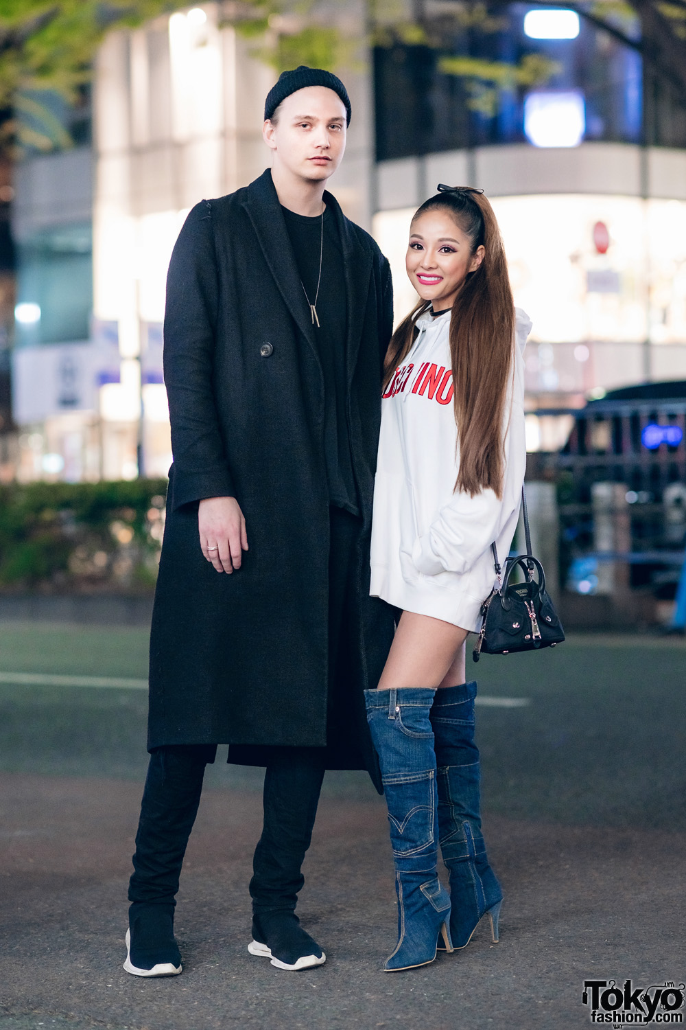Harajuku Duo in Black & White Street Styles w/ Rick Owens, Saint Laurent, Moschino x H&M, After None & Denim Knee High Boots